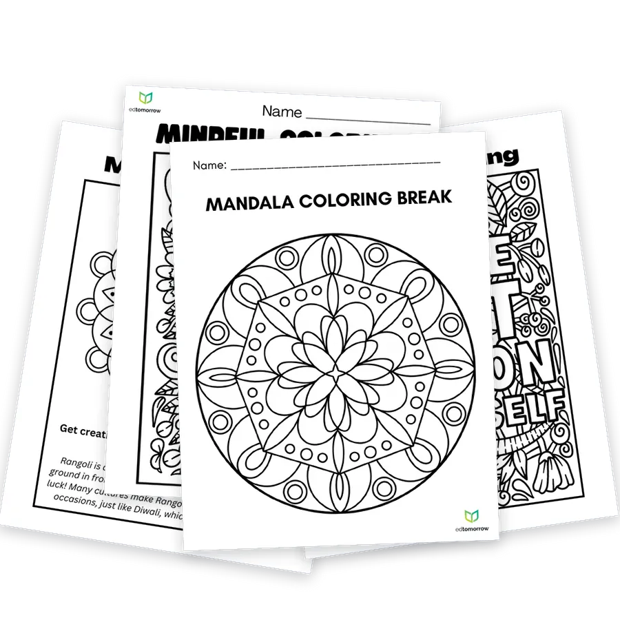 Overlapping activity pages inside Mindful Coloring & Doodling