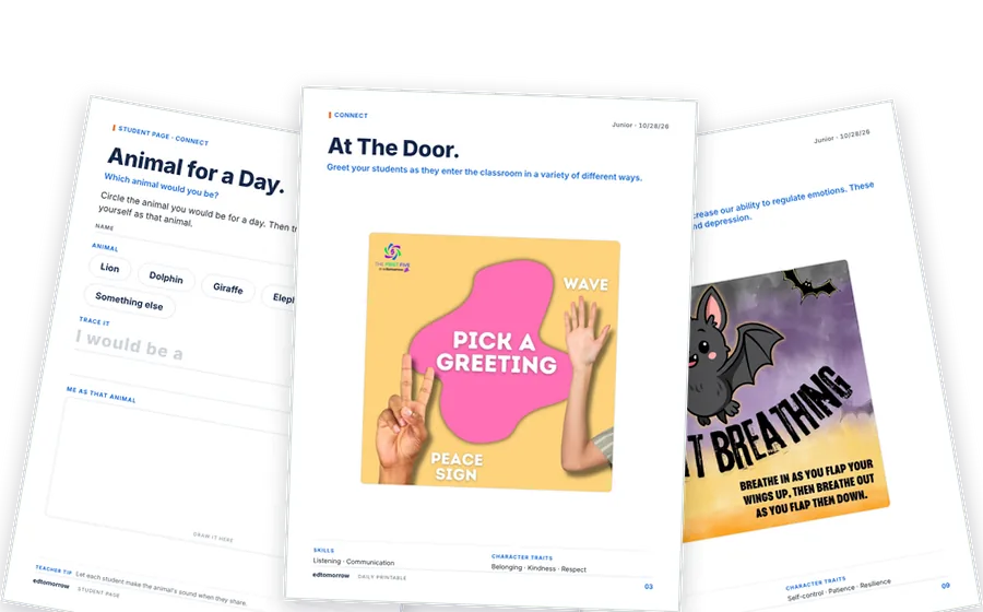 Pages from a First Five Junior printable packet, a display page in front of a student page