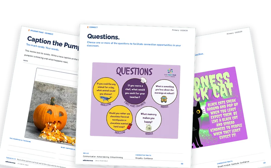 Pages from a First Five Primary printable packet, a display page in front of a student page