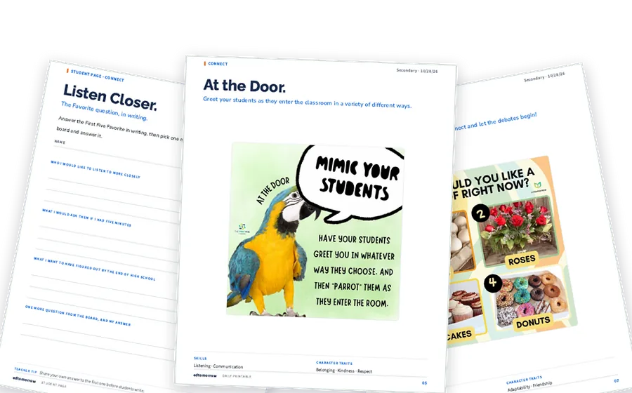 Pages from a First Five Secondary printable packet, a display page in front of a student page